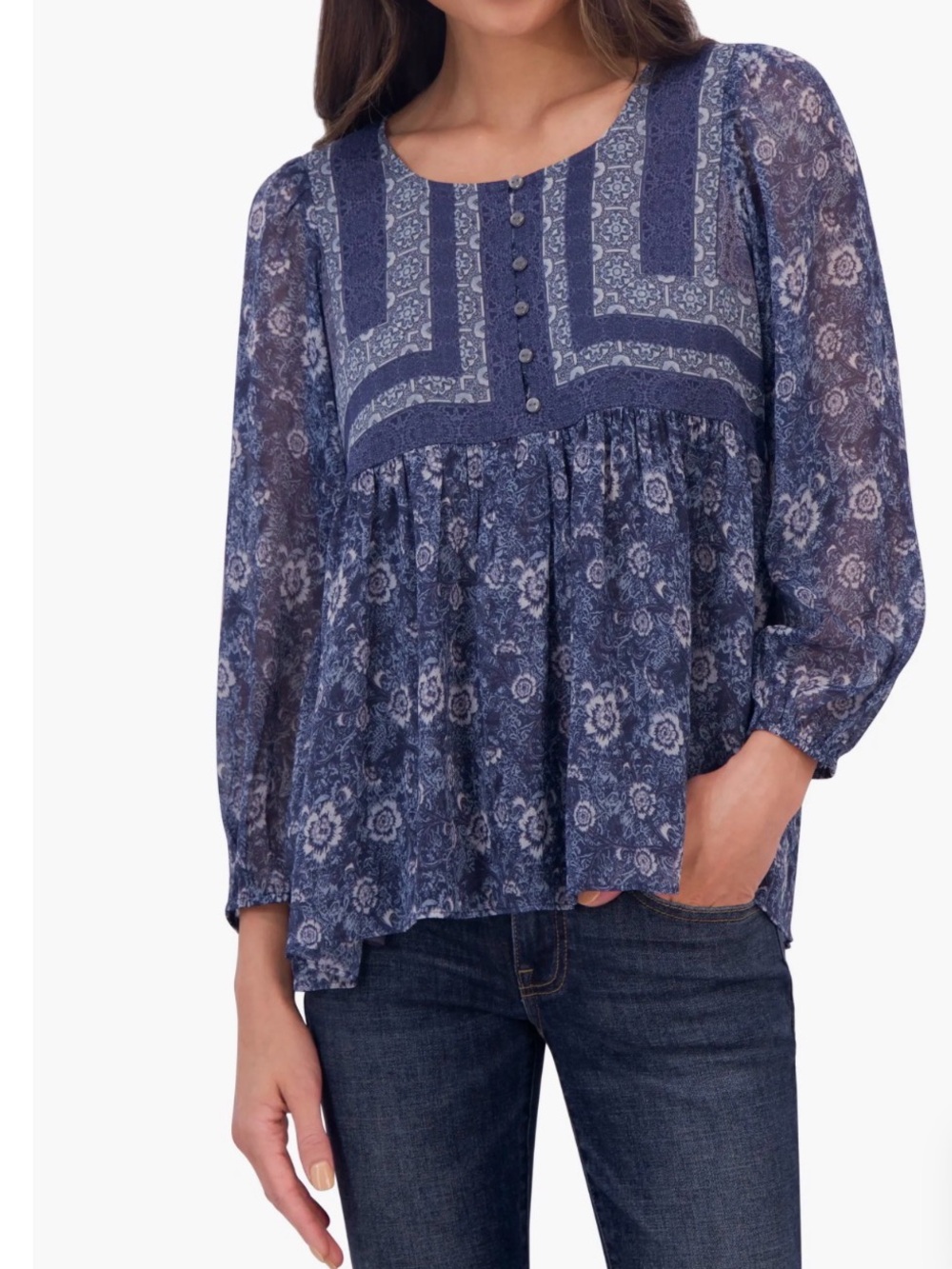 Blue Floral Peasant Blouse